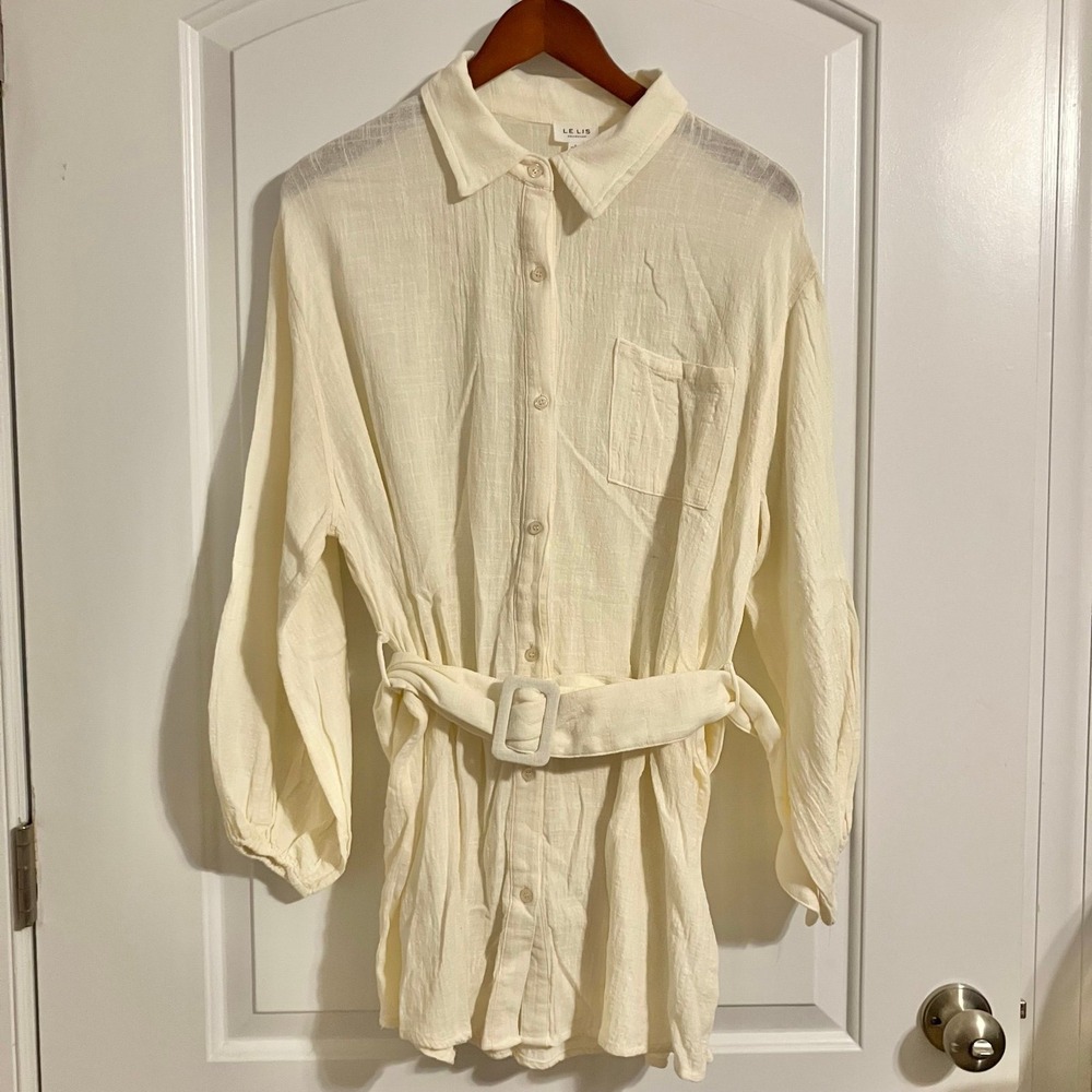 Le Lis cream button-up shirt dress 100% Cotton chest pocket & self-tie belt Sz L